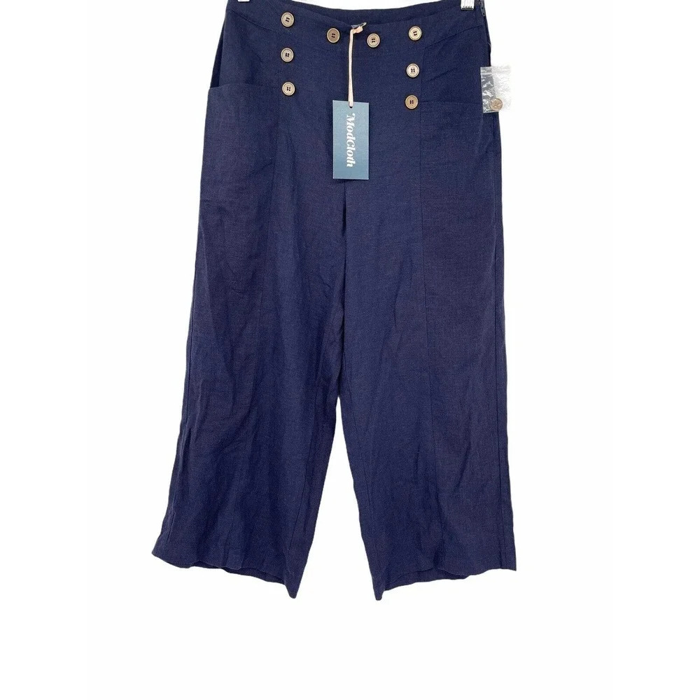 MODCLOTH Gone Sailing Cropped Wide-leg Pants Size 6 Navy Retro Pinup